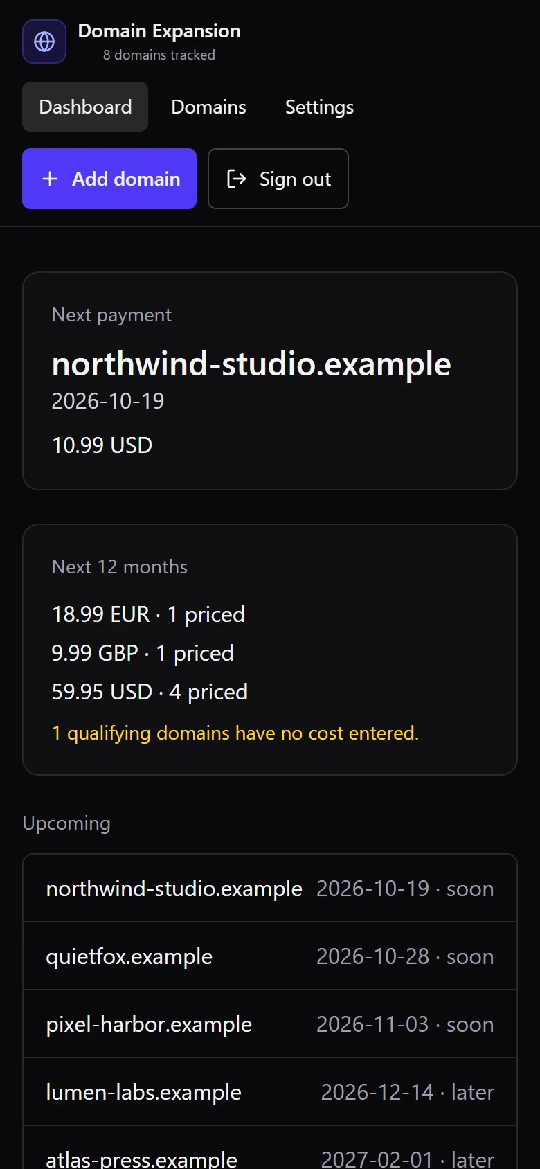 Domain Expansion dashboard on a phone: the next payment, totals for the next twelve months by currency, and upcoming renewals for sample domains
