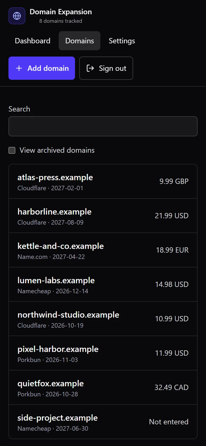 Domain Expansion domains list on a phone: search, an archived-domains filter, and eight sample domains with registrar, renewal date and cost