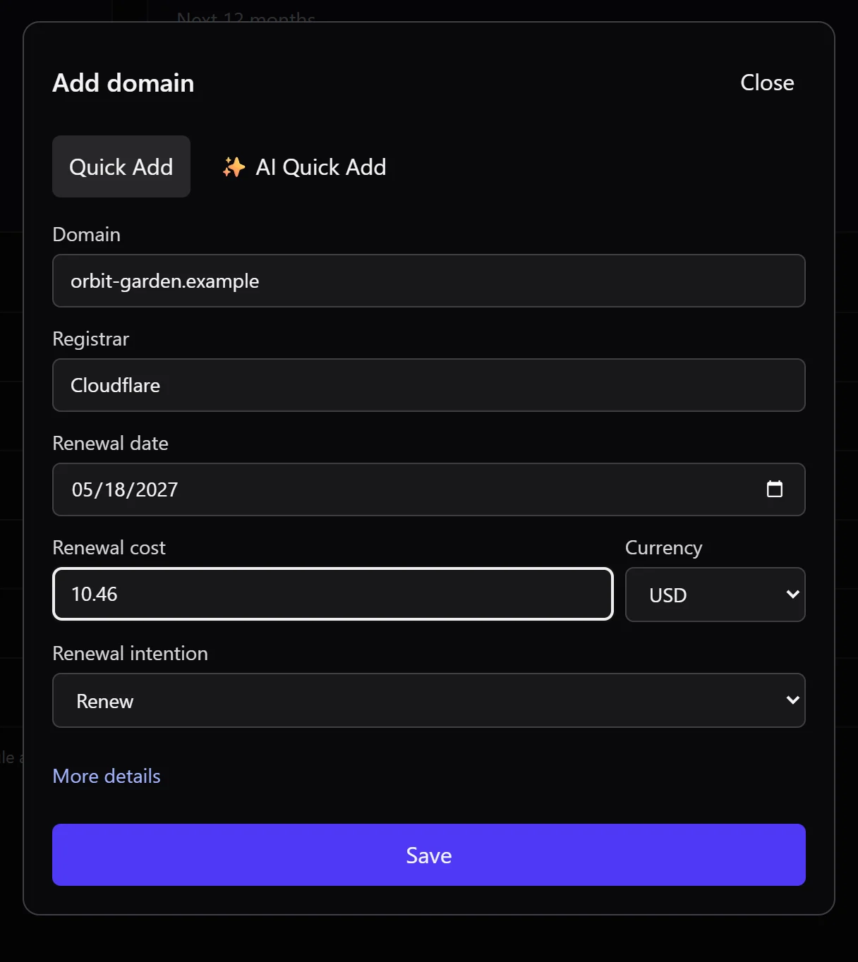 Domain Expansion Add domain dialog in Quick Add mode, with fields for domain, registrar, renewal date, renewal cost, currency and renewal intention, and an AI Quick Add option